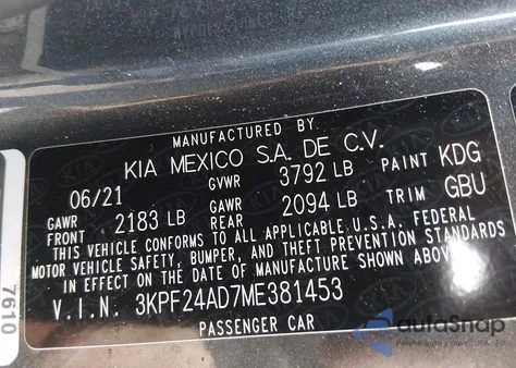 2021 Kia Forte Lxs z USA, uszkodzony, nr VIN 3KPF24AD7ME381453